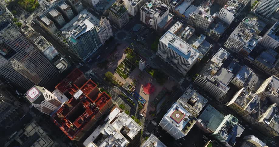 Aerial view of buildings in an urban city is displayed