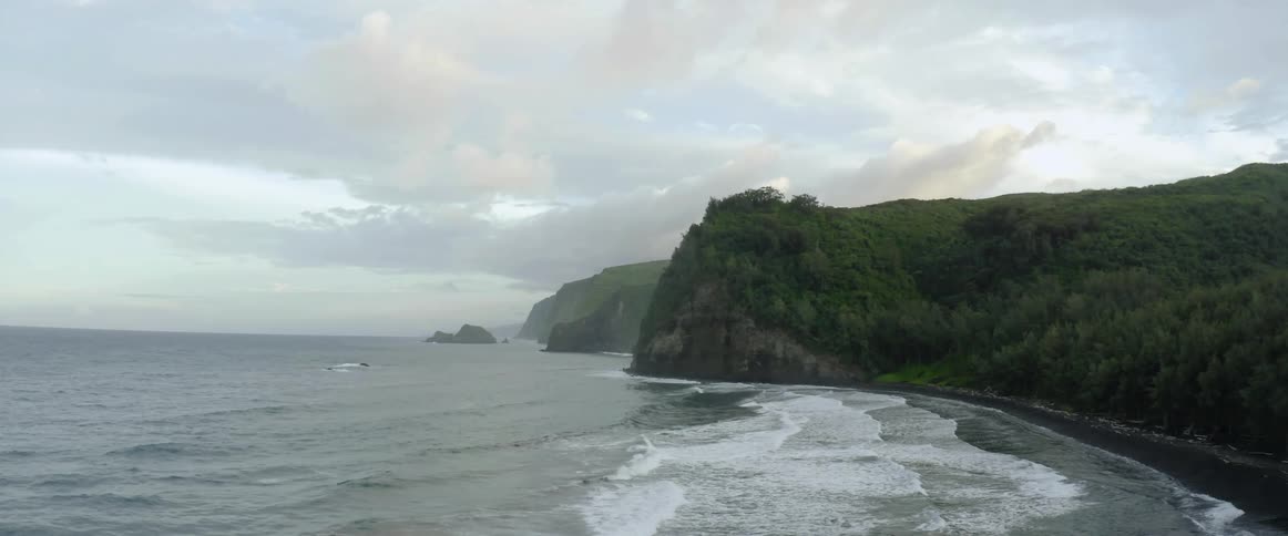 Waves move into shore and roll over the sand with a tree covered promontory along the coast under a cloudy sky