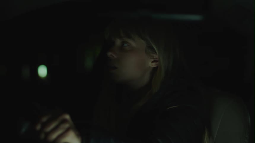 A woman sitting in a car gestures nervously to her passenger to stop