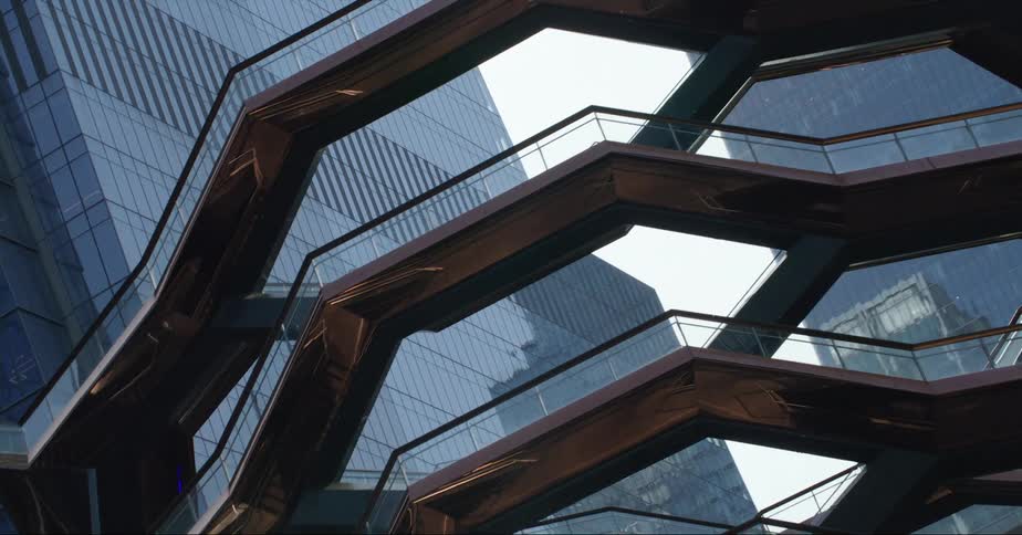 A stairwell is between the buildings
