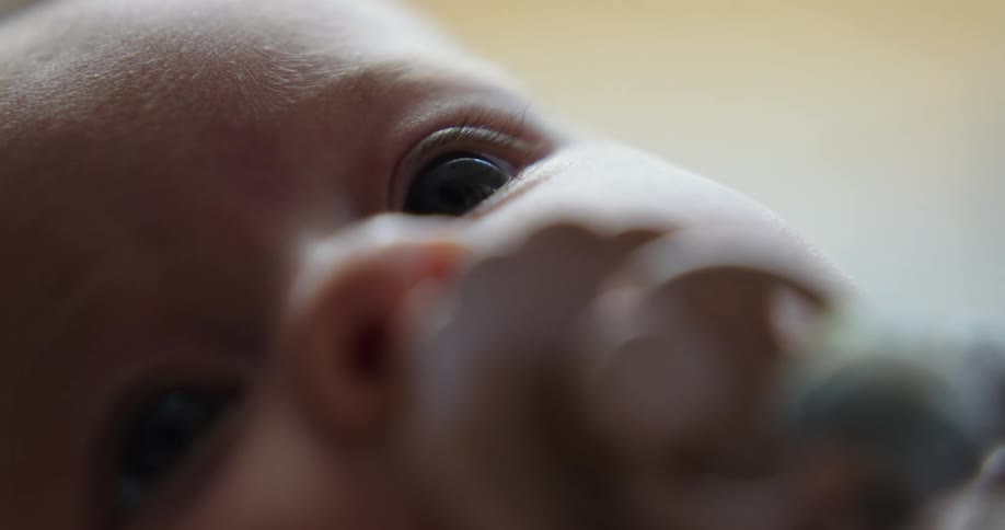 A baby with a pacifier in its mouth rests on its back