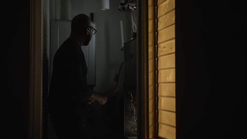 Man with glasses repairs electric panel near the window at night