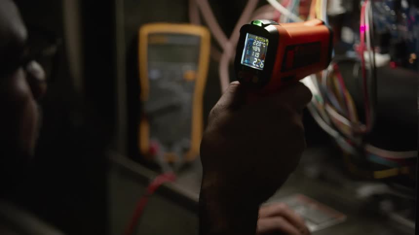 A man working on a server with lots of wires takes a reading with a handheld scanner