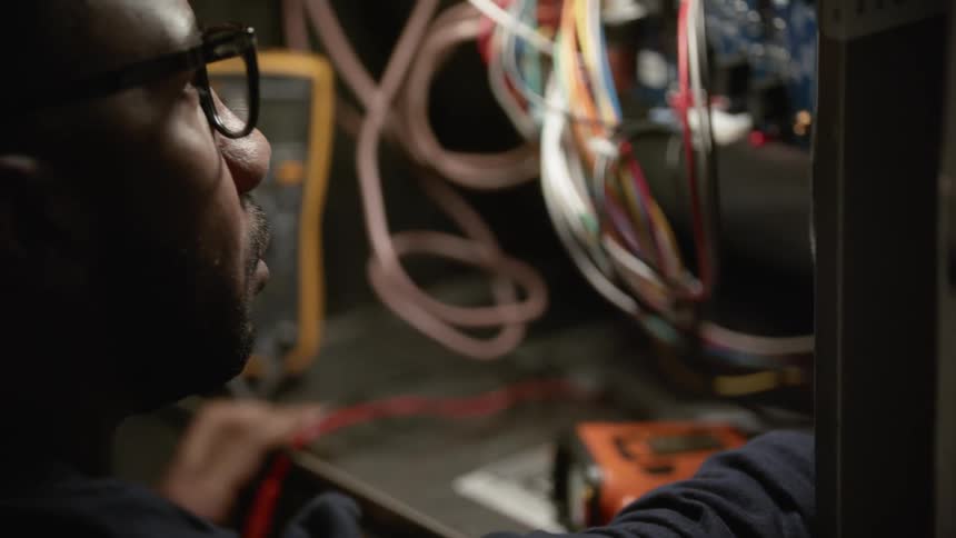 Technician doing maintenance on a server rack inside a dimly lit room