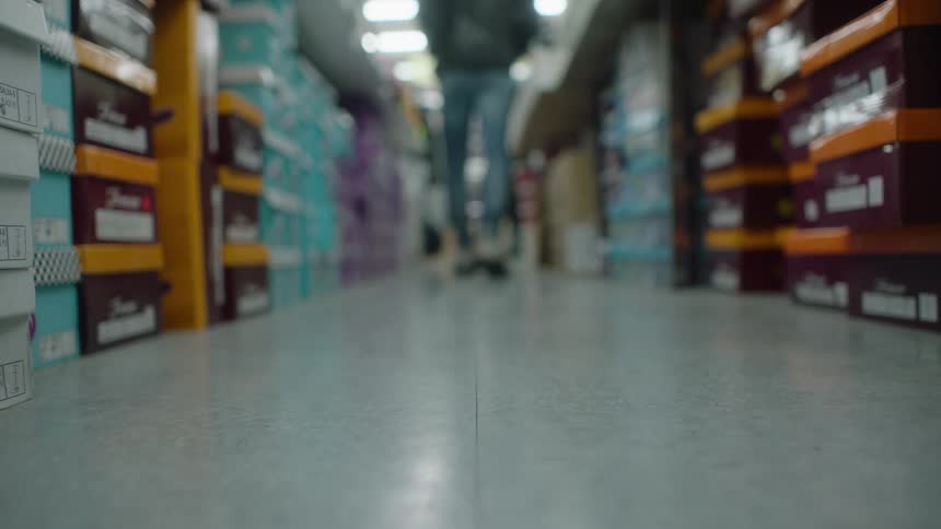 A man walks down an aisle stocked with shoe boxes