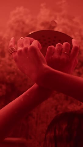 Two peoples arms are crossed at the wrist and their hands are above a bowl in a room illuminated with red light