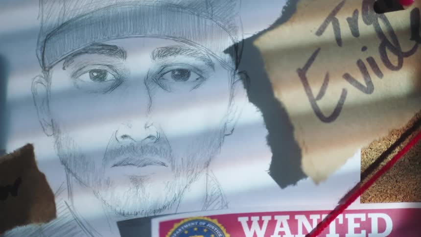A drawing of a suspect on a police crime scene board
