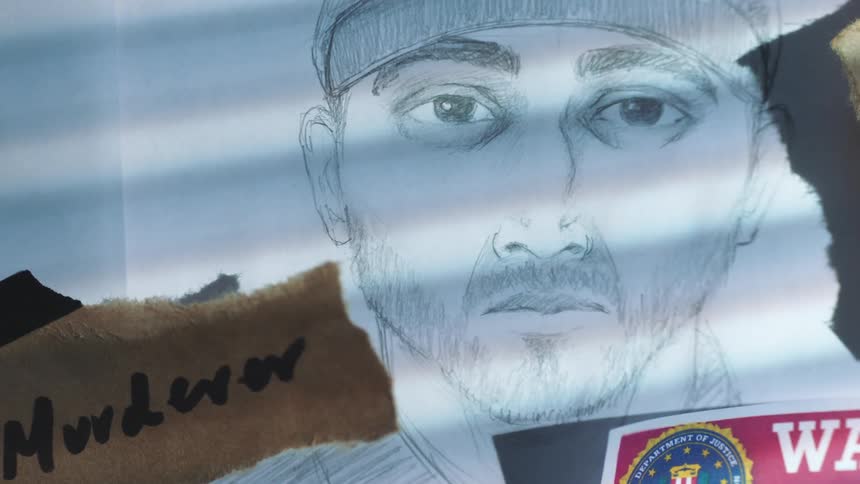 Crime board related to a murder contains sketch of person