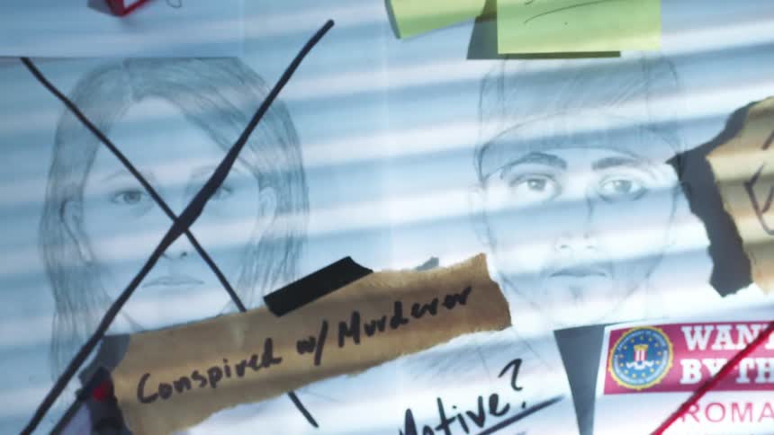 Sketches of a man and woman on a crime scene bulletin board