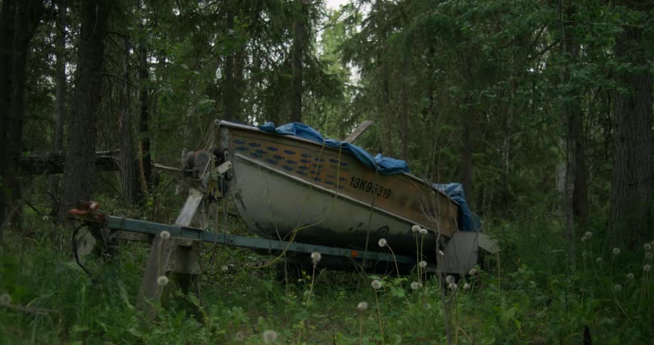 A boat partially covered with a tarp sits in a forest