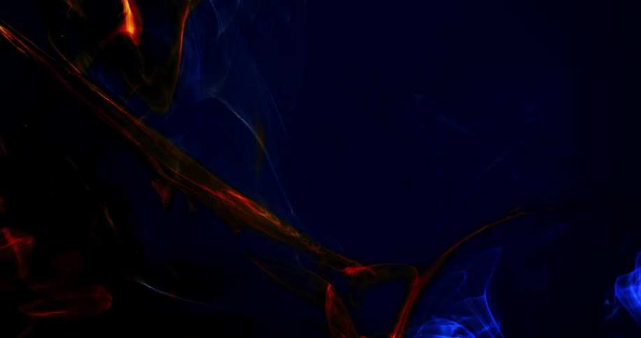 Bright orange and electric blue wisps move in the darkness