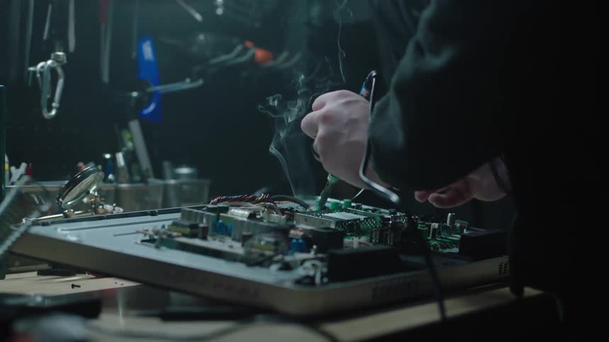 A man uses a soldering gun on a circuit board in his garage