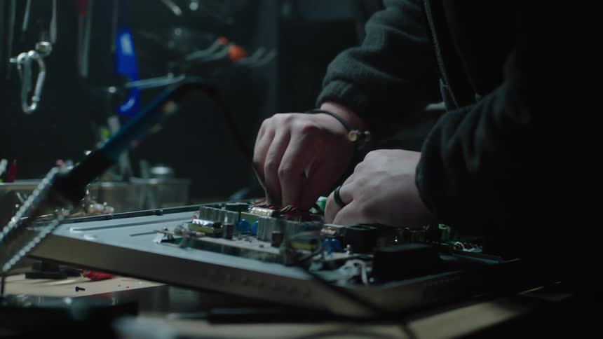 A man is at a table working on an electronic component with both hands lifting a piece