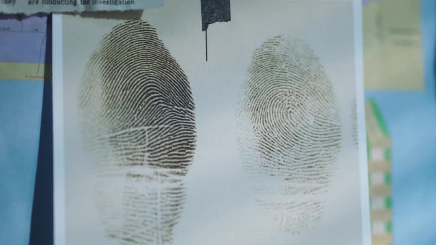 A picture of enlarged fingerprints are on display in a room