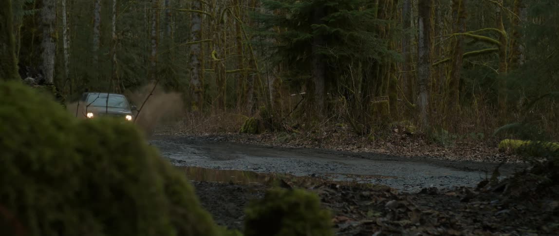 A car is driving through a wooded area