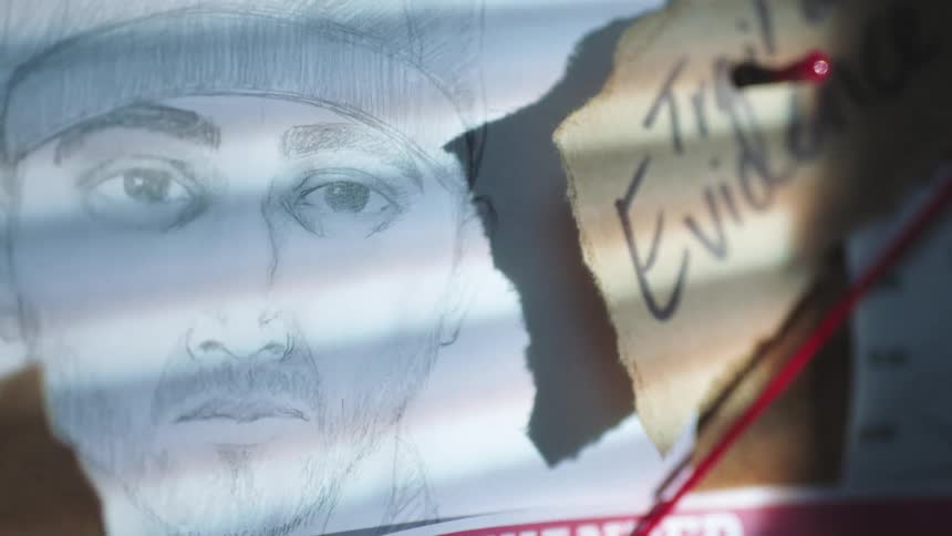 Sunlight shines on a sketch of a man pinned to a bulletin board with a note