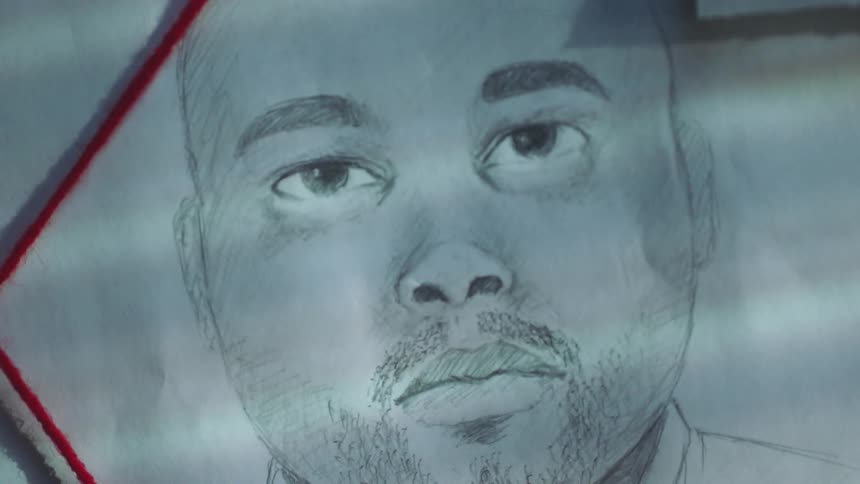 Sketch of man sits on crime board strung with red string