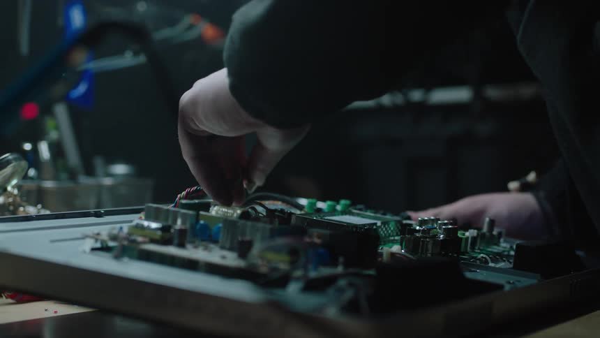 Person works on circuit board at worktable near a soldering iron