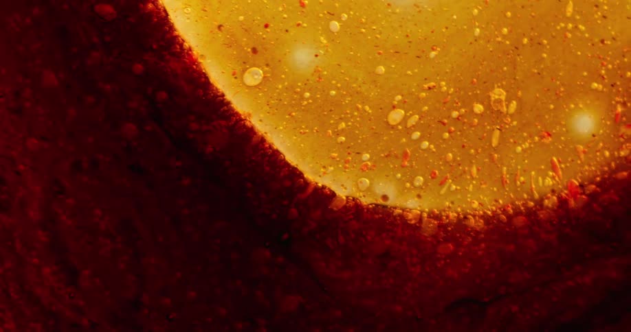 Dark red liquid ink mixed with oil bubbling and flowing like lava in waves