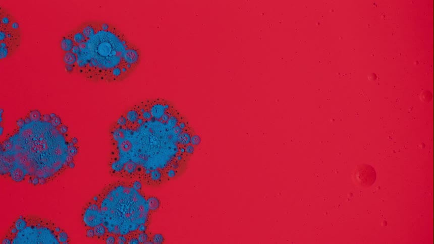 Blue paint emerges and spreads in red paint