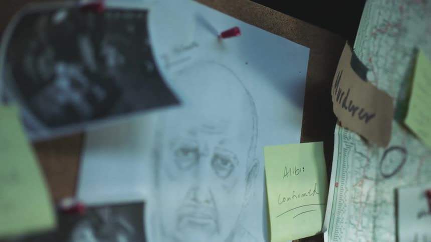 A sketch of a man and photographs are pinned to a bulletin board with notes