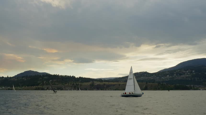 Sailboats move through water near shore and nearby town sitting on hill
