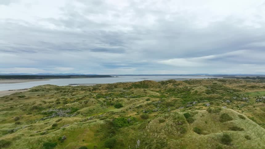 An aerial view of grass in front of a shoreline and lake