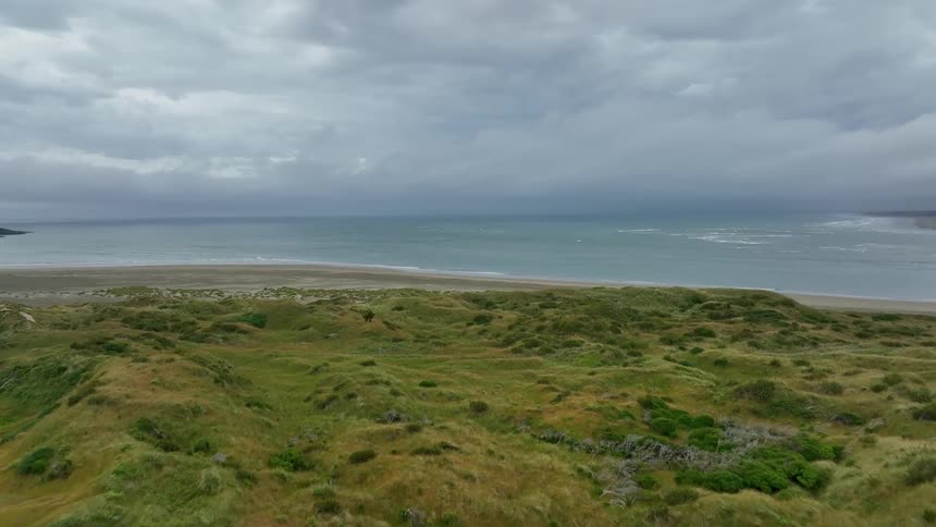 A grassland in front of the beach with waves rolling in from the ocean