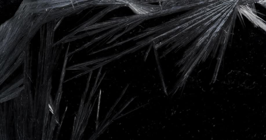 Time lapse of growing thin long crystals of freezing water over a black background