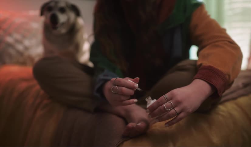 A woman is putting on nail polish with her dog nearby