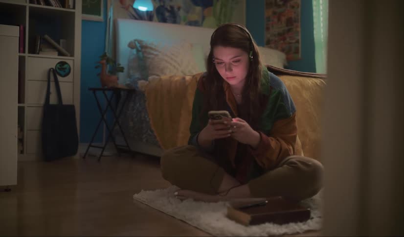 Young woman sitting over a rug on the bedroom floor texting on her smartphone