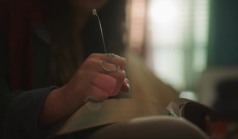 A teenager sitting writing on a page in a book with a pen clutched in her hand