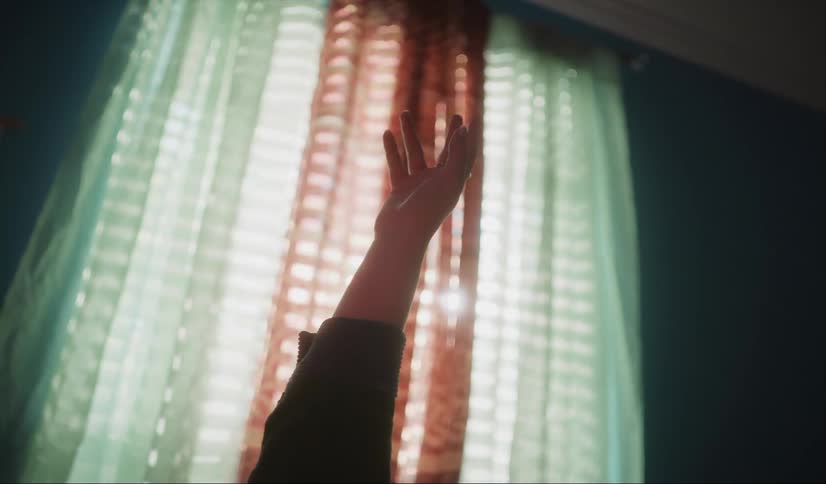 A hand in front of a window