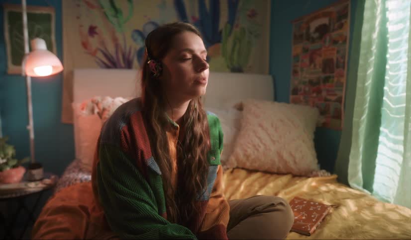 A teenage girl is sitting on her bed and swaying to music she hears in her headphones