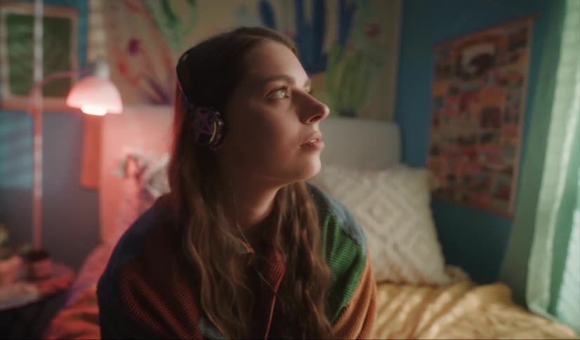 A view of a woman with headphones on