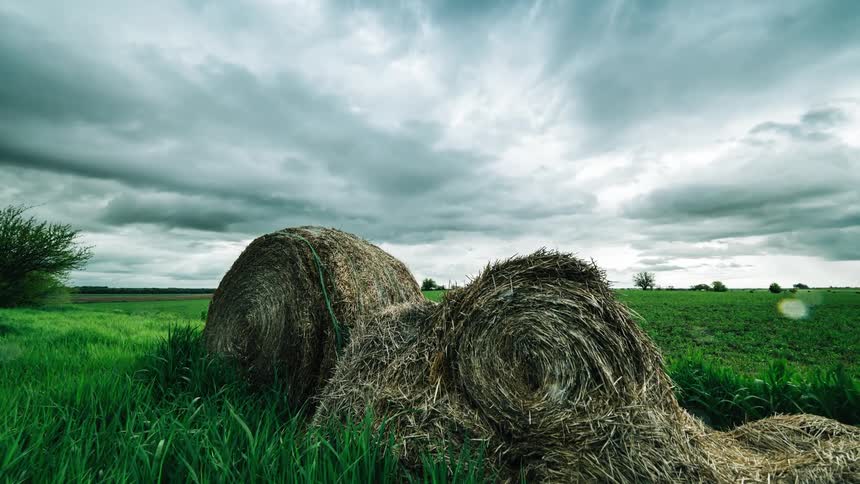 Gray clouds float over haystack on green grasss