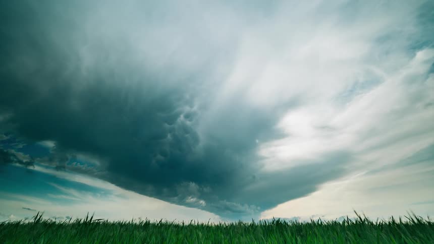 Grass moves in the breeze as storm clouds move over a field