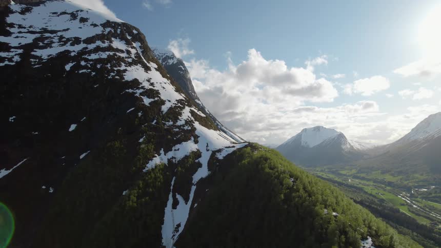 Dramatic aerial view of snowy mountains in Norway