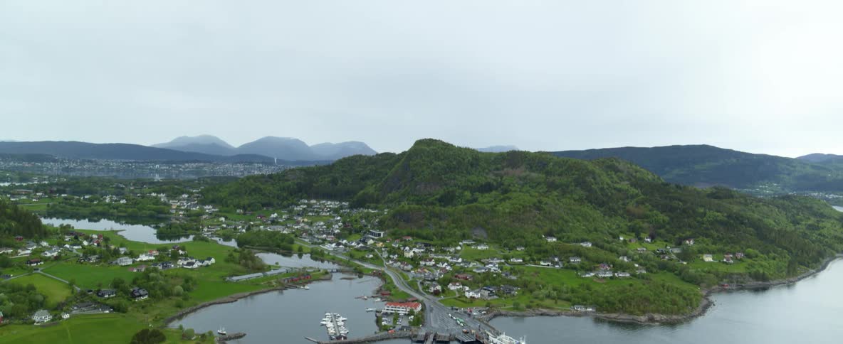 Aerial view of Norway fjord and village