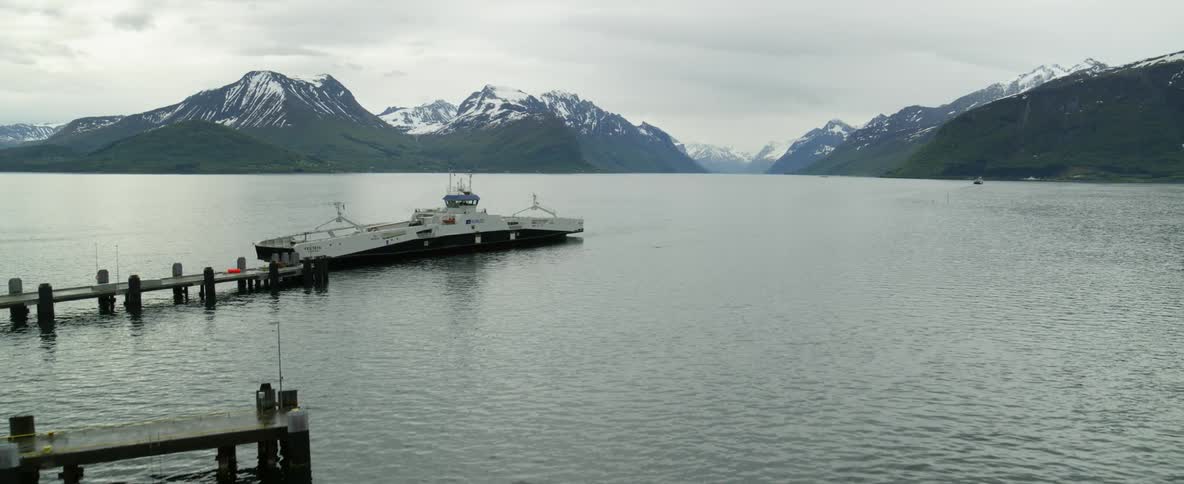 Ferry coming into port in Norwegian fjords