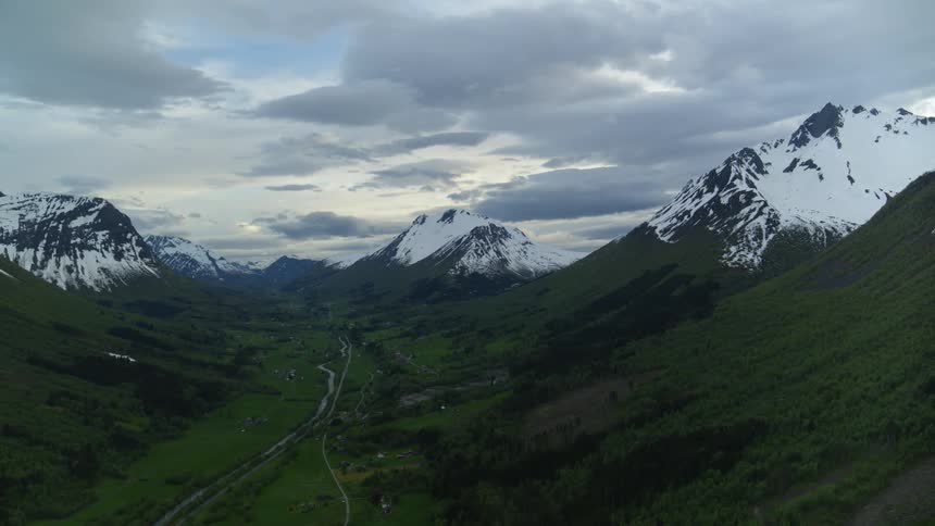 Aerial view of Norwegian mountains at dusk