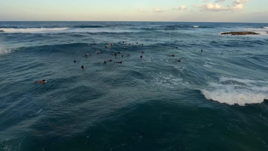 Group of surfers floating in ocean waves next to coast