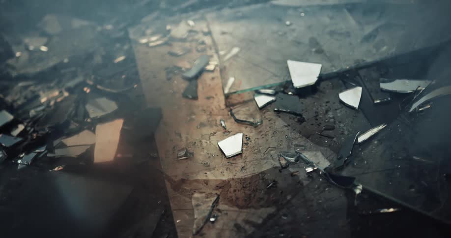 Pieces of broken glass covered in smoke on the ground of a dark room reflecting light