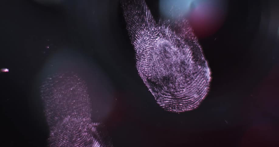 Fingerprints on glass are illuminated as police flashers shine in the darkness