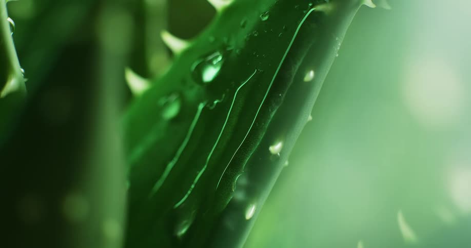 Water droplets drip on a plant as rain falls