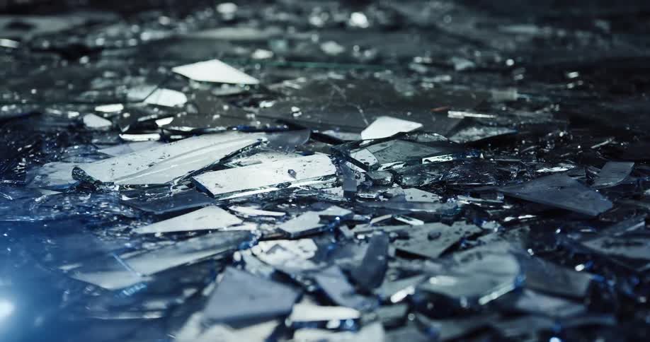 Flashing police lights are reflecting off of glass shards on the ground