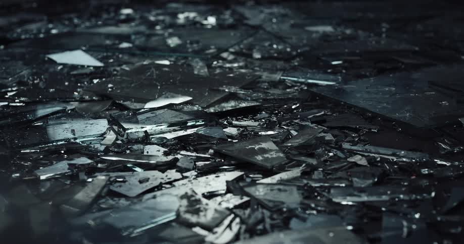 Pieces of broken glass sprinkled with water on the ground of a dark room reflecting red light
