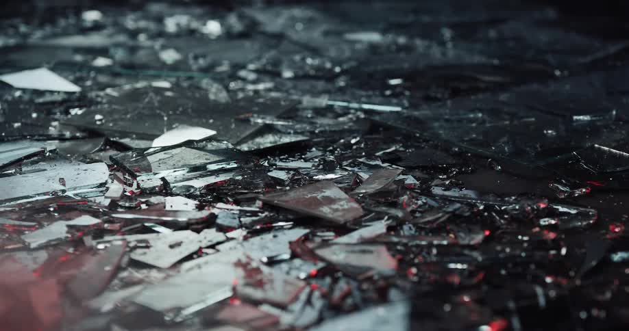 Pieces of broken glass sprinkled with water on the ground of a dark room reflecting light
