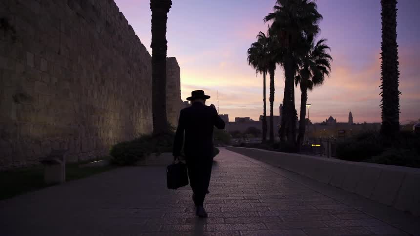 A person carrying a briefcase walks by a brick wall at sunset