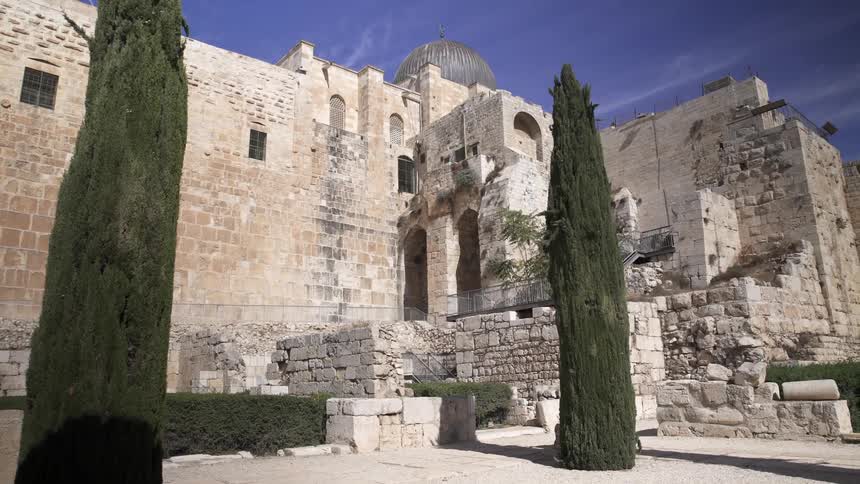 The outside of a castle on a sunny day